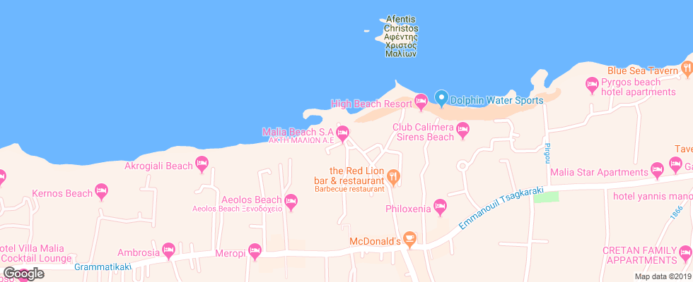 Отель Primavera Beach Malia на карте Греции