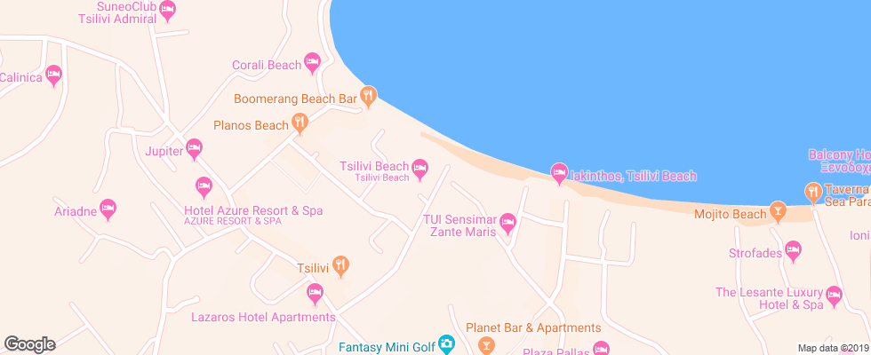 Отель Tsilivi Beach Hotel на карте Греции