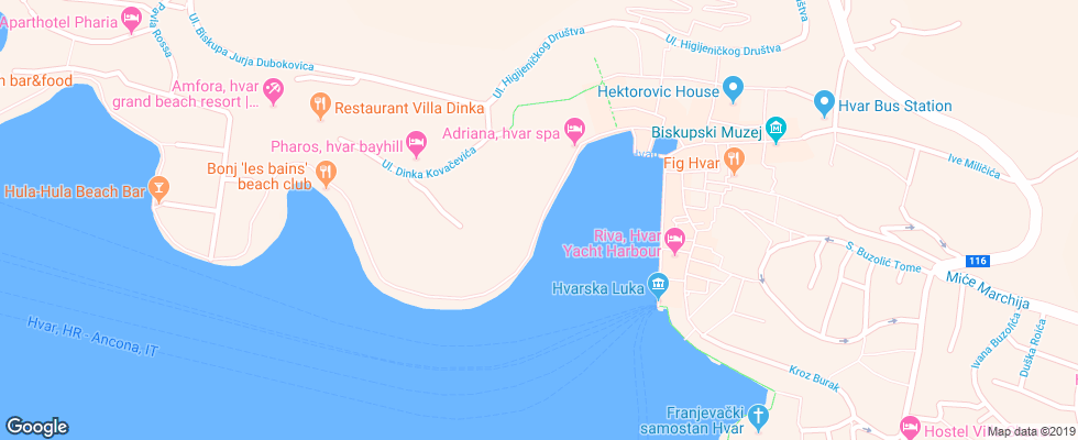 Отель Delfin Hvar на карте Хорватии