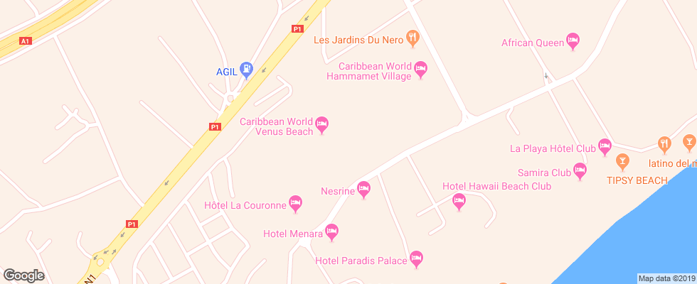 Отель Hawaii Beach Club на карте Туниса