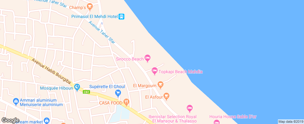 Отель Sirocco Beach на карте Туниса